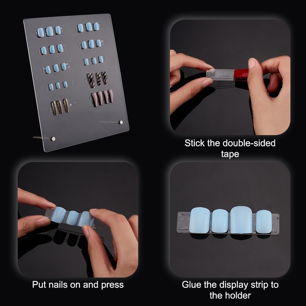 Tablero de exhibición de acrílico transparente para arte de uñas con 2 rollos de cinta adhesiva de doble cara y 50 palitos de exhibición de uñas