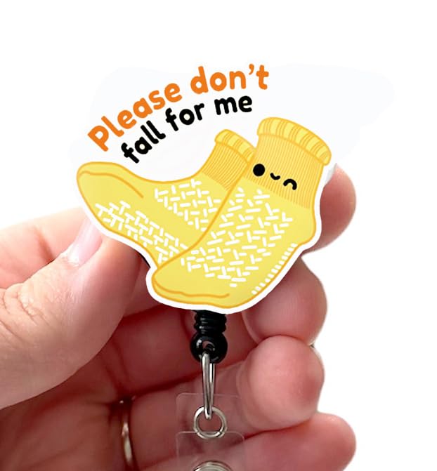 Badge Reel, Don’t Fall For Me Grippy Socks, Acrylic, ER Nurse, Retractable Badge Reel With Swivel Clip and Extra-Long 34 inch cord – Badge Holder