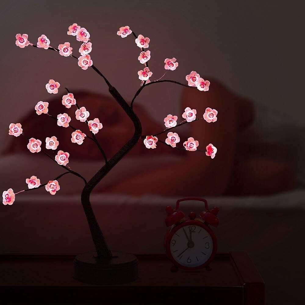 HoldOneLight Lámpara de luz de árbol bonsái de flor de cerezo, 36 LED, lámpara de árbol de decoración japonesa, batería y enchufe USB, lámpara de