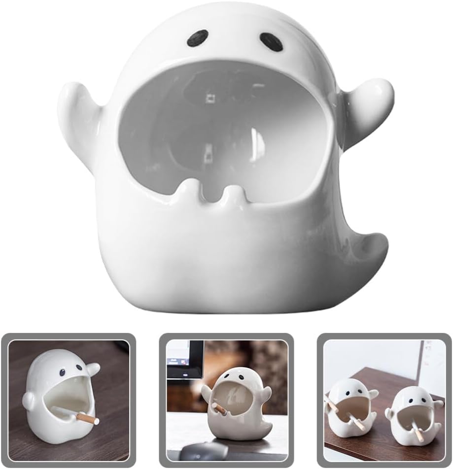 Decoración de oficina para hombres, cenicero fantasma de Halloween, soporte de cenizas de cerámica, bandeja de cenizas portátil decorativa, bandeja