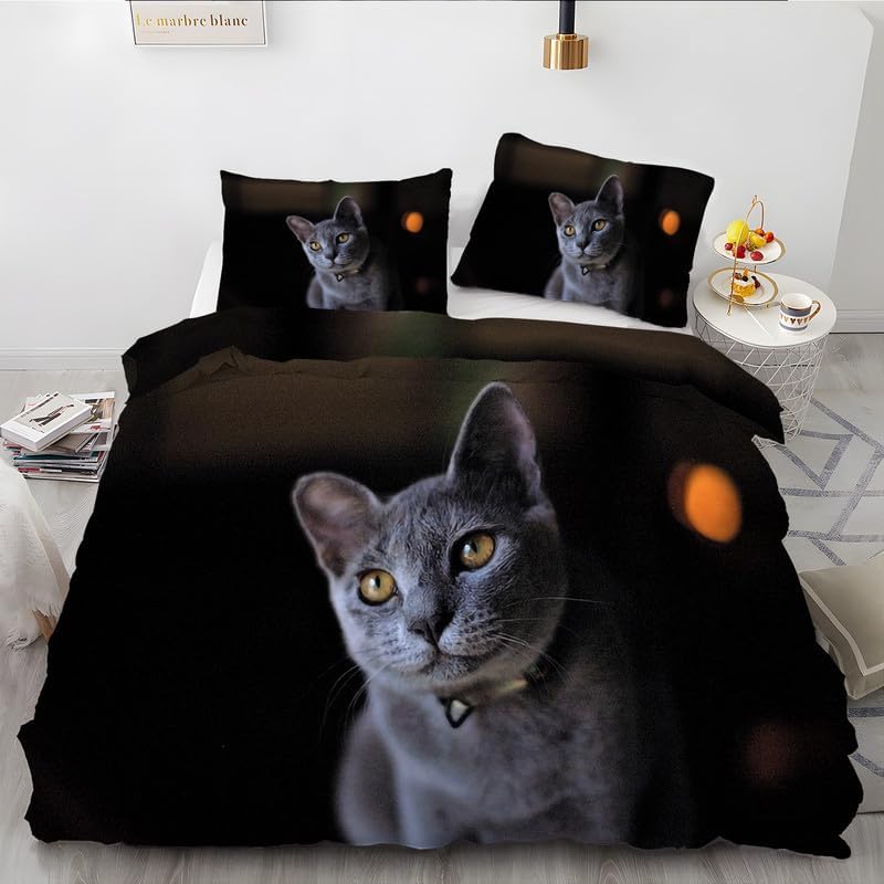 Black Short Hair Cat California King Duvet Cover Animal Print Bedding Soft Microfiber Comforter Cover and 2 Pillow Shams 20″X36″, Bed Set Duvet