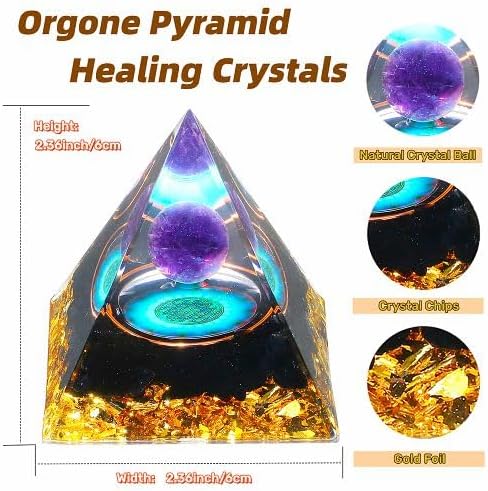 YATOJUZI Cristales de pirámide de orgón de 2.4 pulgadas, amatista, obsidiana, chakras, reiki, piedras preciosas de orgonita para energía positiva,