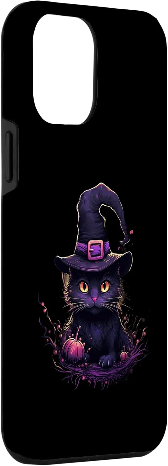 iPhone 13 Pro Max – Gorro de bruja de gato morado con imagen mágica de calabazas