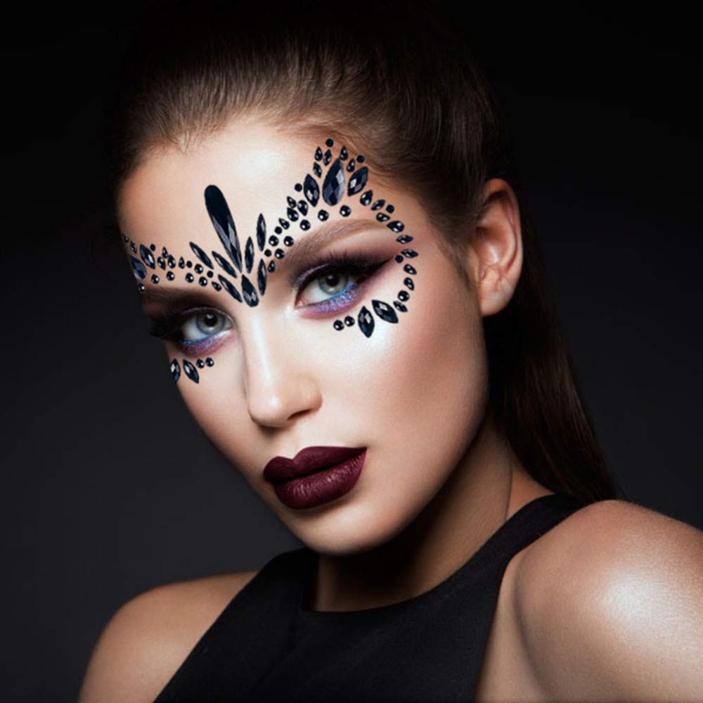 Paquete de 4 calcomanías de cristal negro para Halloween, tatuajes faciales, diseño de festival de Halloween, diseño de cara de sirena, diamantes de