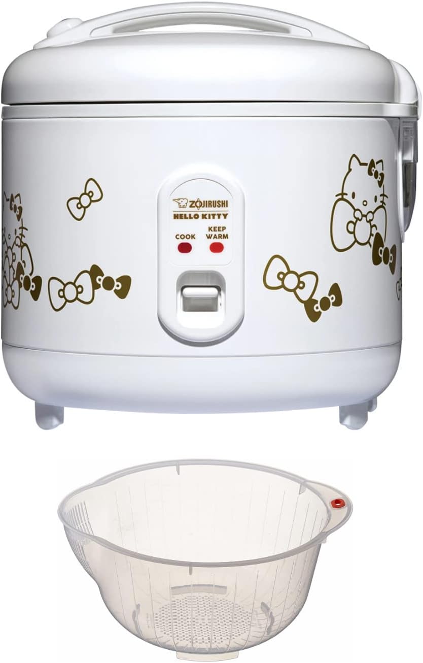 Zojirushi Hello Kitty – Olla arrocera automática de 5.5 tazas y calentador (blanco) paquete con cuenco de lavado de arroz de 9.5 pulgadas con