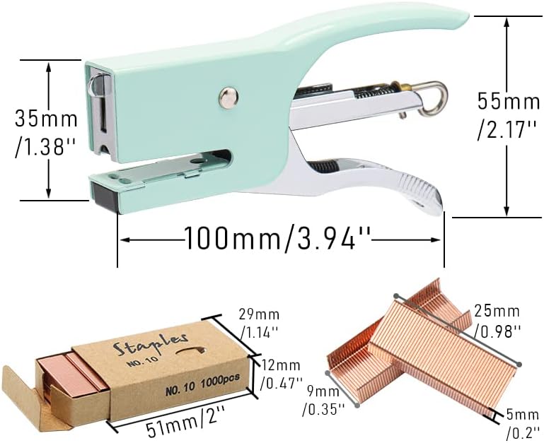 #10 – Mini grapadora de alicates verdes con juego de grapas, bonita engrapadora manual n. 10 con 1000 grapas de oro rosa para suministros de