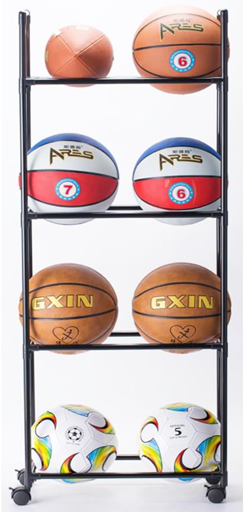 FDSDEFEN Estante de baloncesto, soporte de almacenamiento de pelotas de garaje, organizador de bolas rodantes con ruedas, deportes al aire libre,