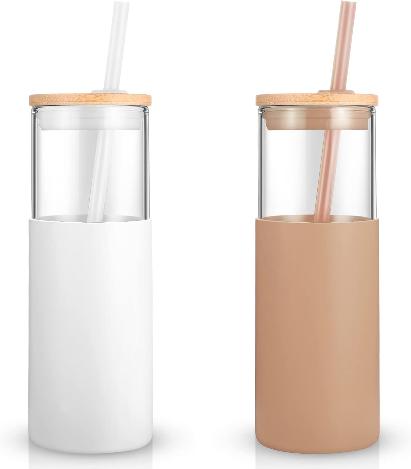 Tronco Vaso de vidrio de 24 onzas con popote y tapa, taza de vidrio con tapa y pajita, taza de batido, taza de café helado, tapa de bambú y funda