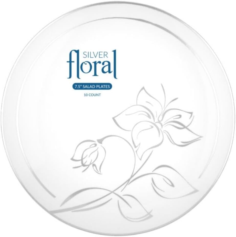 Blue Sky Platos llanos desechables florales plateados, 7.5 pulgadas, 10 unidades, perfectos para bodas y eventos