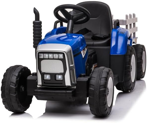 Tractor de paseo para niños con remolque, 12 V, divertidas luces LED, audio USB, música, cambio de 3 velocidades y cinturón de seguridad, perfecto
