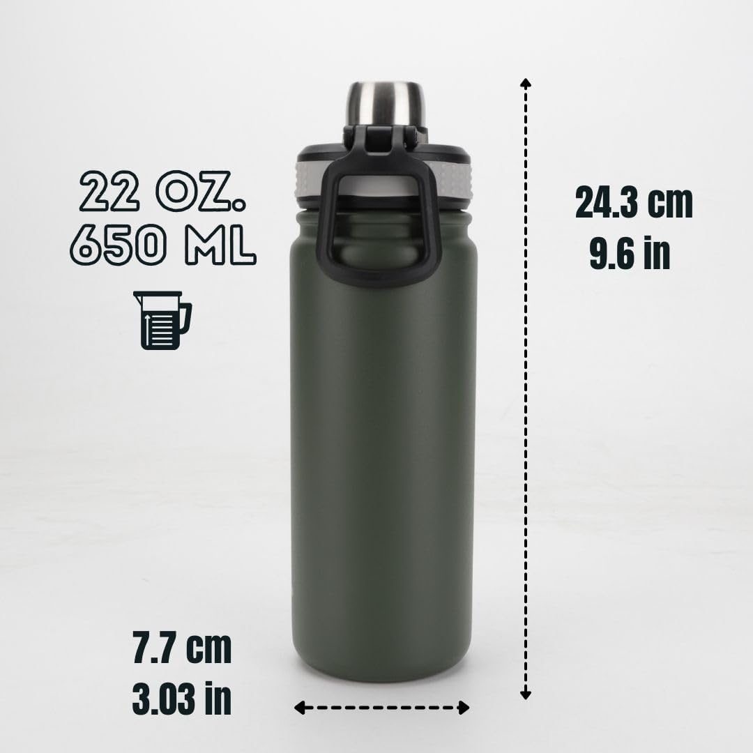 Ozizo Botella de agua deportiva con tapa abatible, botella de agua de acero inoxidable aislada de 22 onzas con tapa de boquilla, botella de agua,