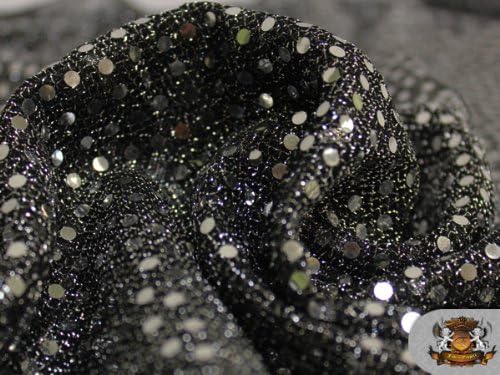 Tela plateada negra con lentejuelas de lunares pequeños, 42 pulgadas de ancho, vendido por The Yard