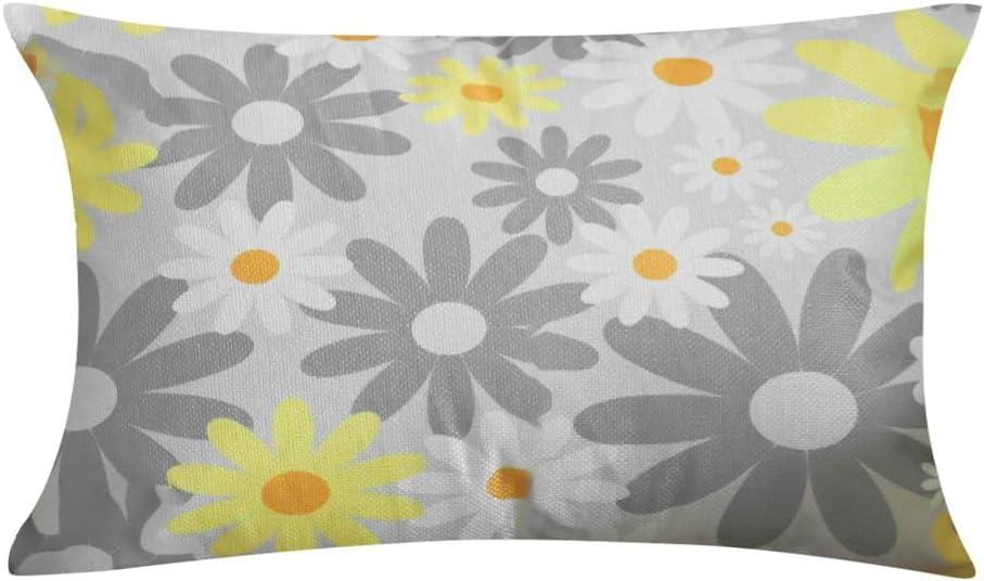 AMZ-NATURALIFE Juego de 2 fundas de almohada lumbar de verano de 12 x 20 pulgadas, color gris, amarillo, margarita, flores, sol, decoración del