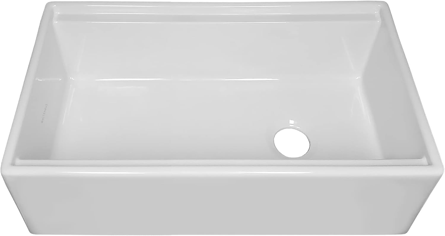 Whitehaus Collection Juego de fregadero reversible de arcilla refractaria de 30 pulgadas con un delantal frontal liso, tabla de cortar de madera de