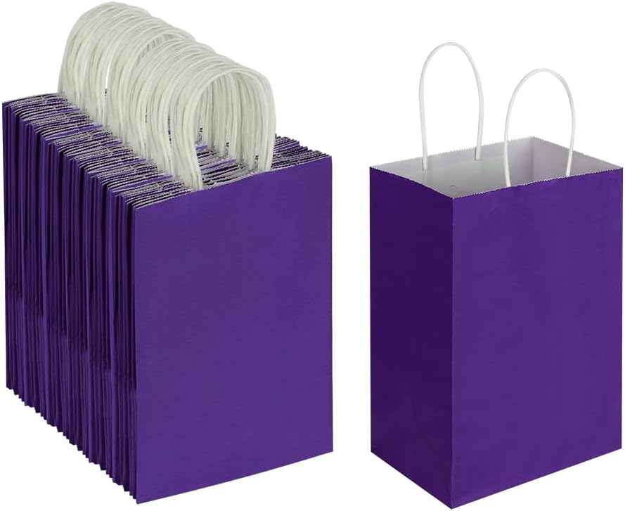 Cada paquete de 100 bolsas pequeñas de papel kraft naranja y morado con asas a granel