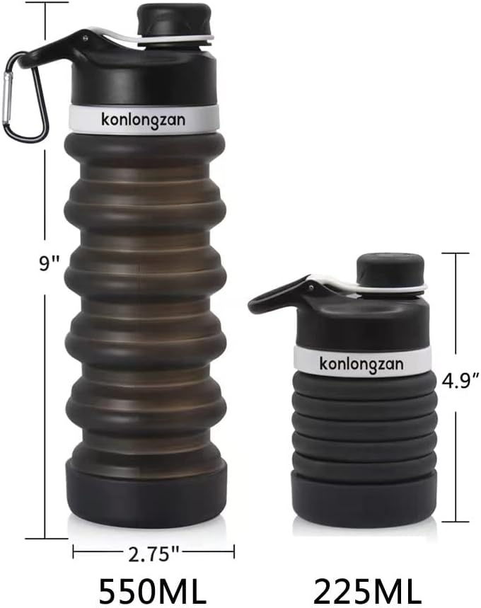 Botella de agua plegable de silicona, botellas de agua plegables de viaje, 18.6 fl oz con mosquetón, botellas de agua deportivas portátiles para