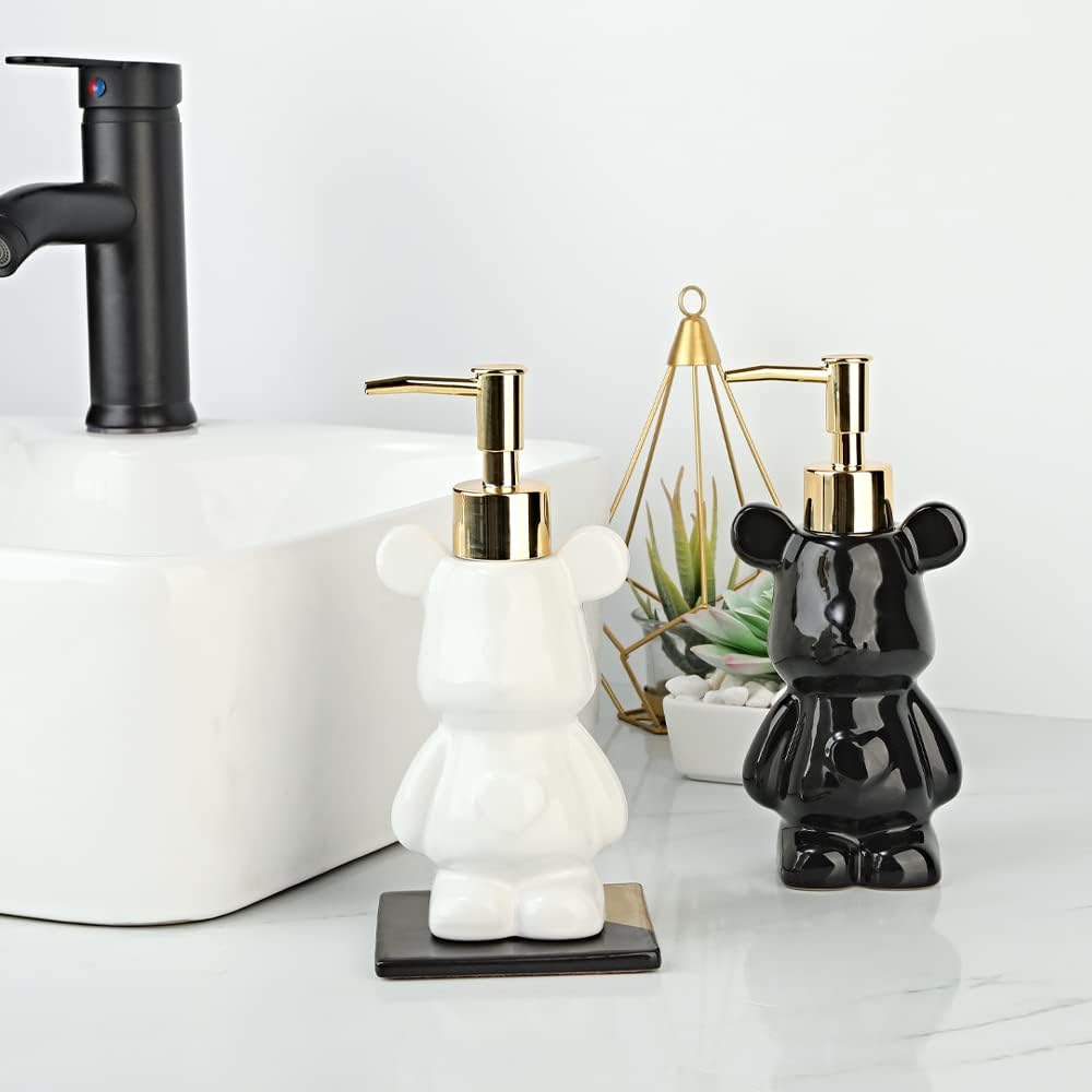 Dispensador de jabón de baño pequeño con bomba, bonito diseño en forma de oso, dispensador de jabón líquido de cerámica (blanco)