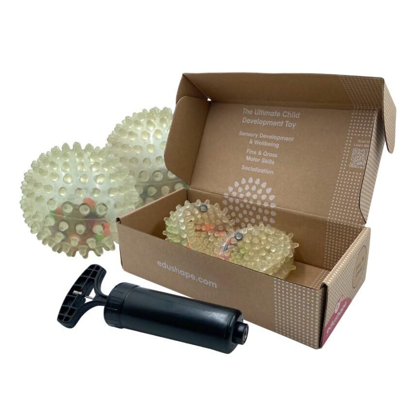 Edushape Colorbits – Pelota sensorial para bebé, juego de 2 bolas transparentes para bebé desinfladas con bomba, con puntas brillantes en el