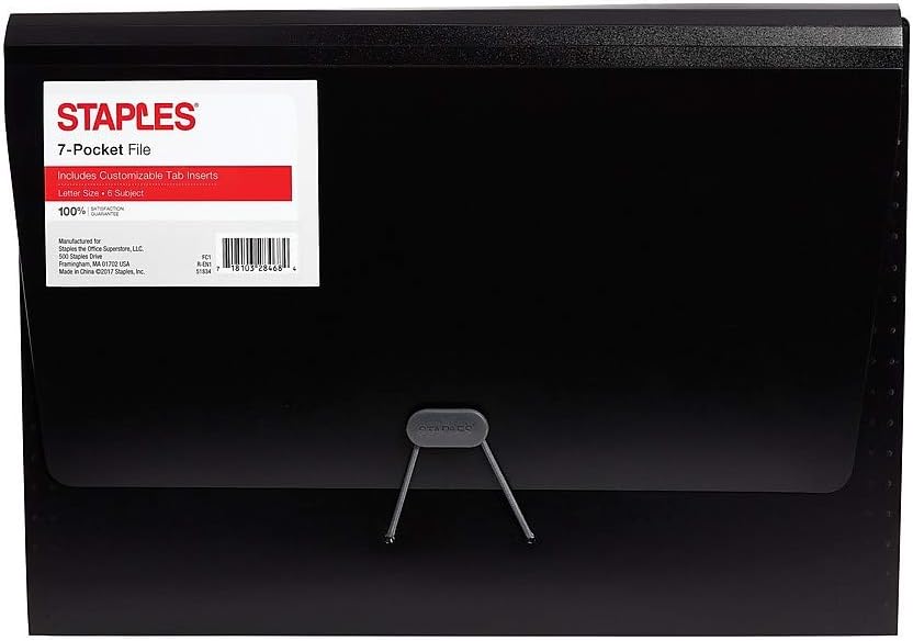 Staples 896554 – Archivo expandible de polietileno, tamaño carta, 7 bolsillos, color negro (51834)