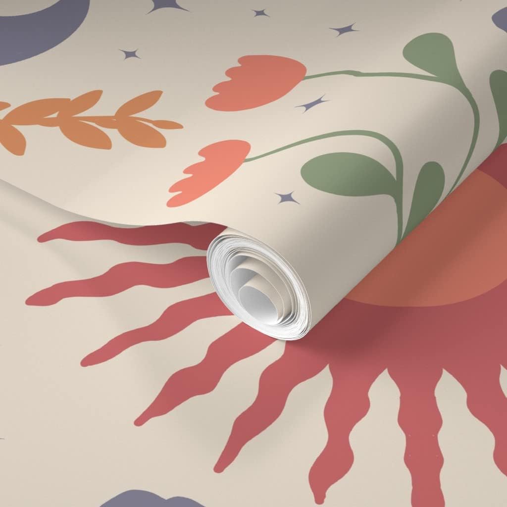 Spoonflower Muestro de papel tapiz extraíble – Estrella moderna abstracta Sol Luna Geométrico Boho Celestial personalizado pre-pegado papel pintado
