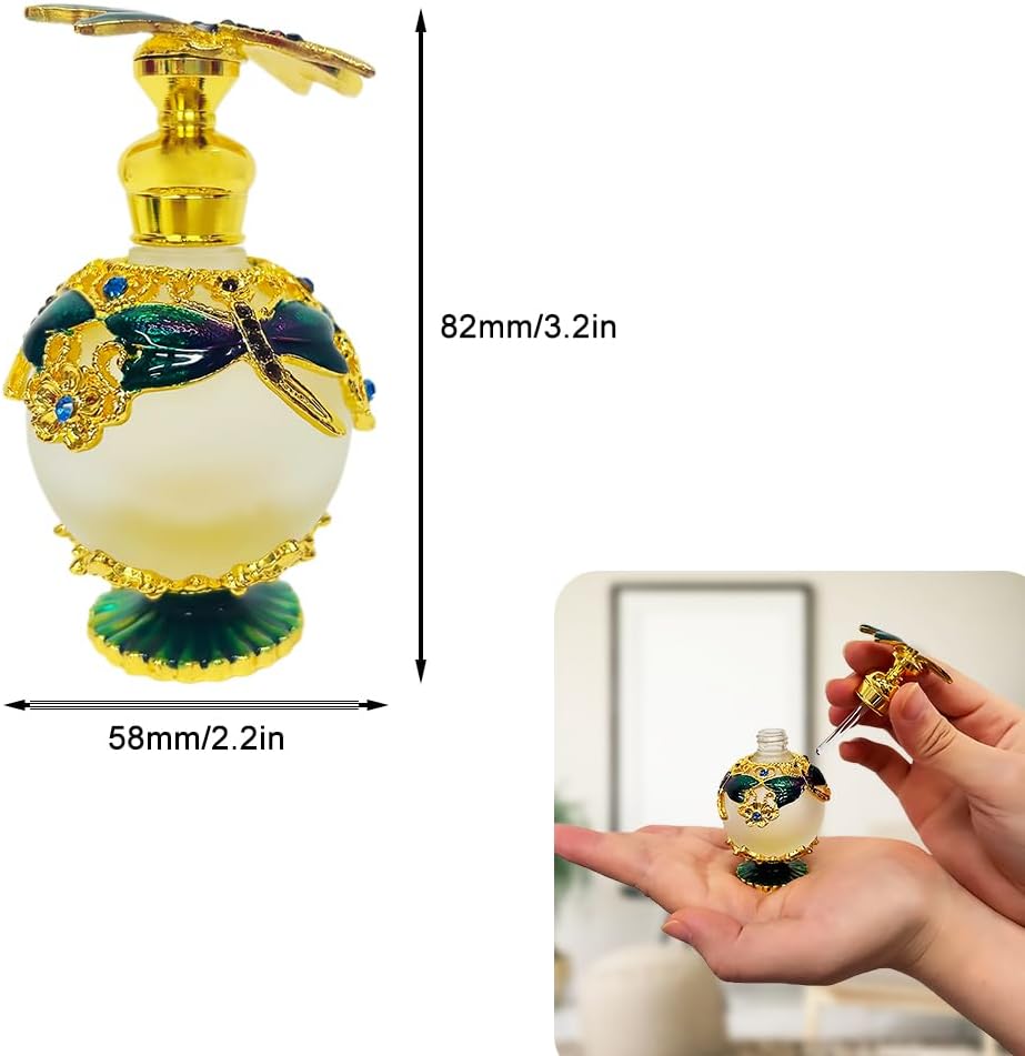 MEHOFOND Botella de perfume vintage de libélula de 0.8 fl oz, botellas decorativas de vidrio rellenables, botellas de perfume de vidrio vacías para