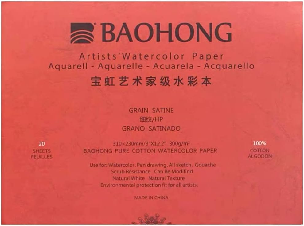 BAOHONG Bloque de papel de acuarela para artistas (20 hojas, pegadas en cuatro bordes), 100% algodón, sin ácidos, 140 libras300 GSM, suministros de