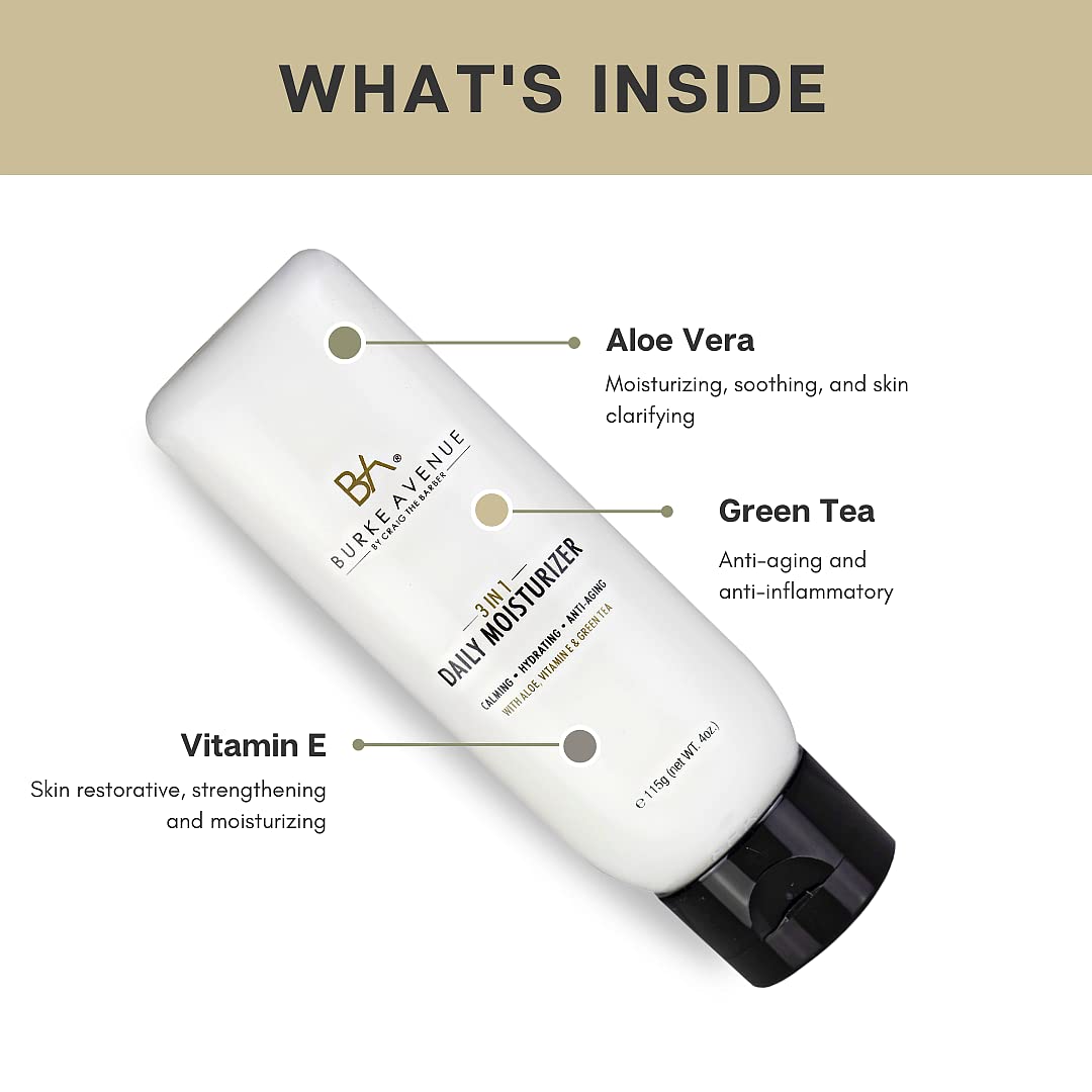 Burke Avenue – Hidratante diario 3 en 1, loción facial para hombres y bálsamo para después del afeitado, calmante e hidratante