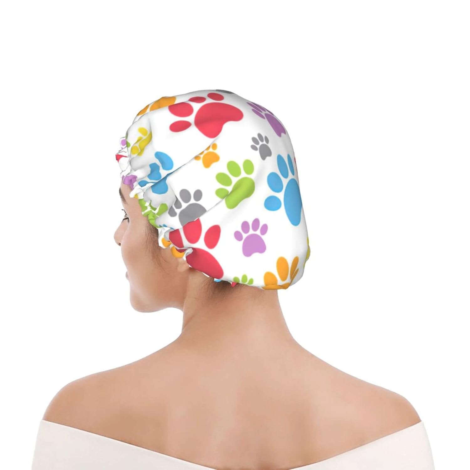 Gorro de ducha reutilizable con estampado de patas de perro para mujer, pelo largo, doble capa impermeable, gorro de ducha para niños, niñas y