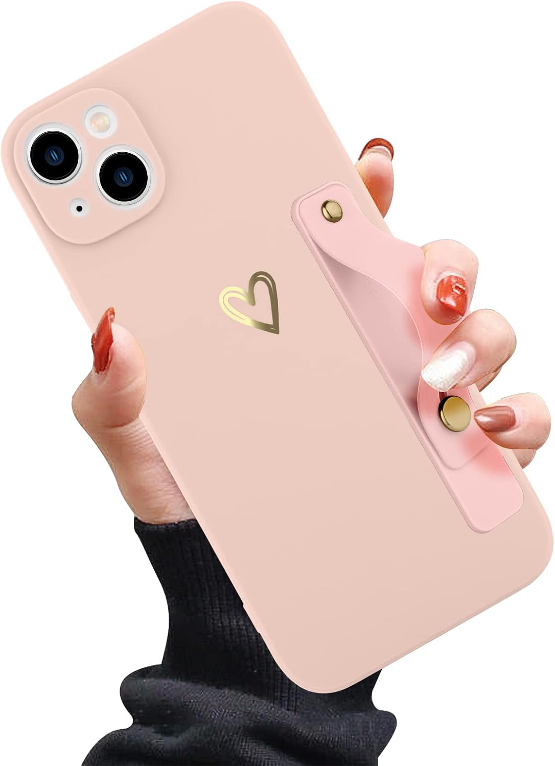 Funda compatible con iPhone 14 Plus de 6.7 pulgadas para mujeres y niñas, bonito patrón de corazón dorado con soporte de mano para muñeca, delgada,