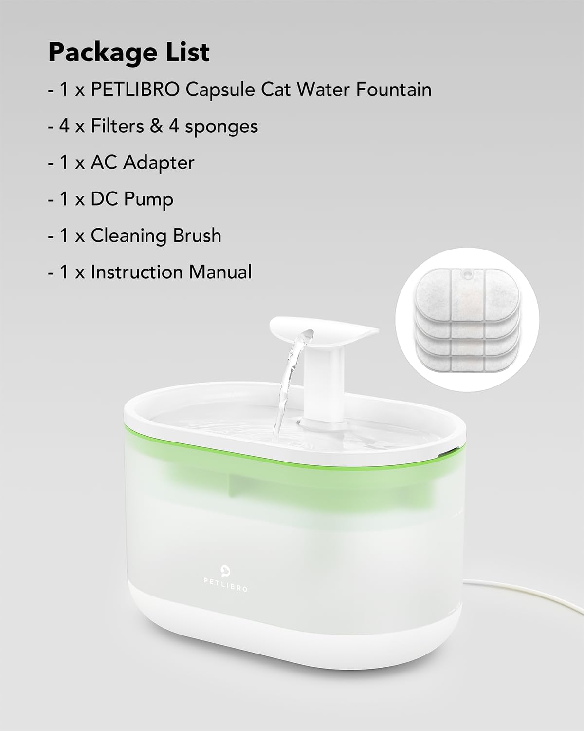 Fuente de agua de 71floz2.1L para gatos y perros, ultra silenciosa, sin BPA, dos modos de caudal y nivel de agua visible, cuenco de agua con 4