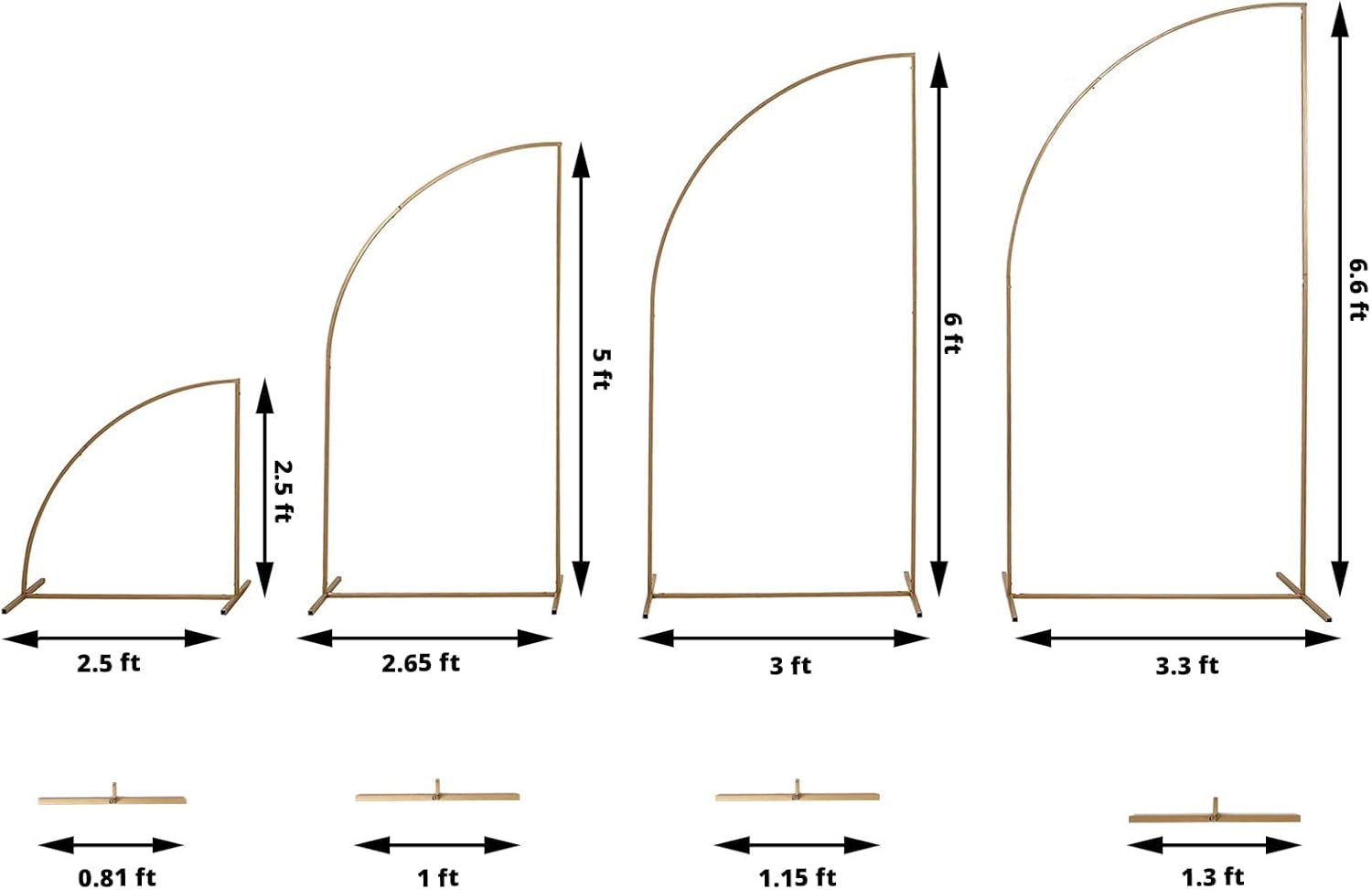 TABLECLOTHSFACTORY – Juego de 4 soportes de metal dorado para telón de fondo de arco de boda, marco floral de media luna, 2.5 pies, 5 pies, 6.5 pies