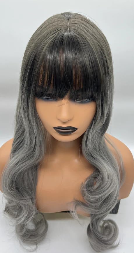 AMANDA – Peluca balayage gris con flequillo completo, larga y rizada, sin pegamento, pelucas sintéticas naturales para uso diario (pelucas de