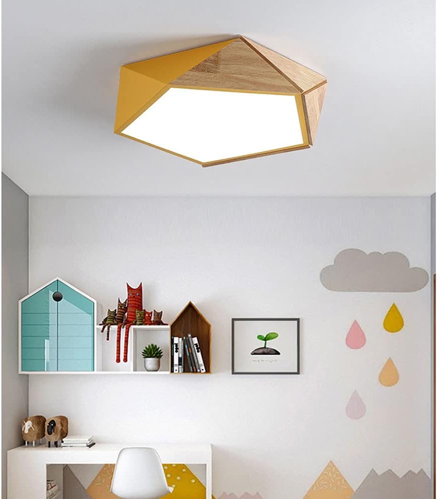 Candelabro, lámpara de techo regulable de madera LED empotrada, pantalla moderna redonda cerca del techo, lámpara de techo minimalista poligonal