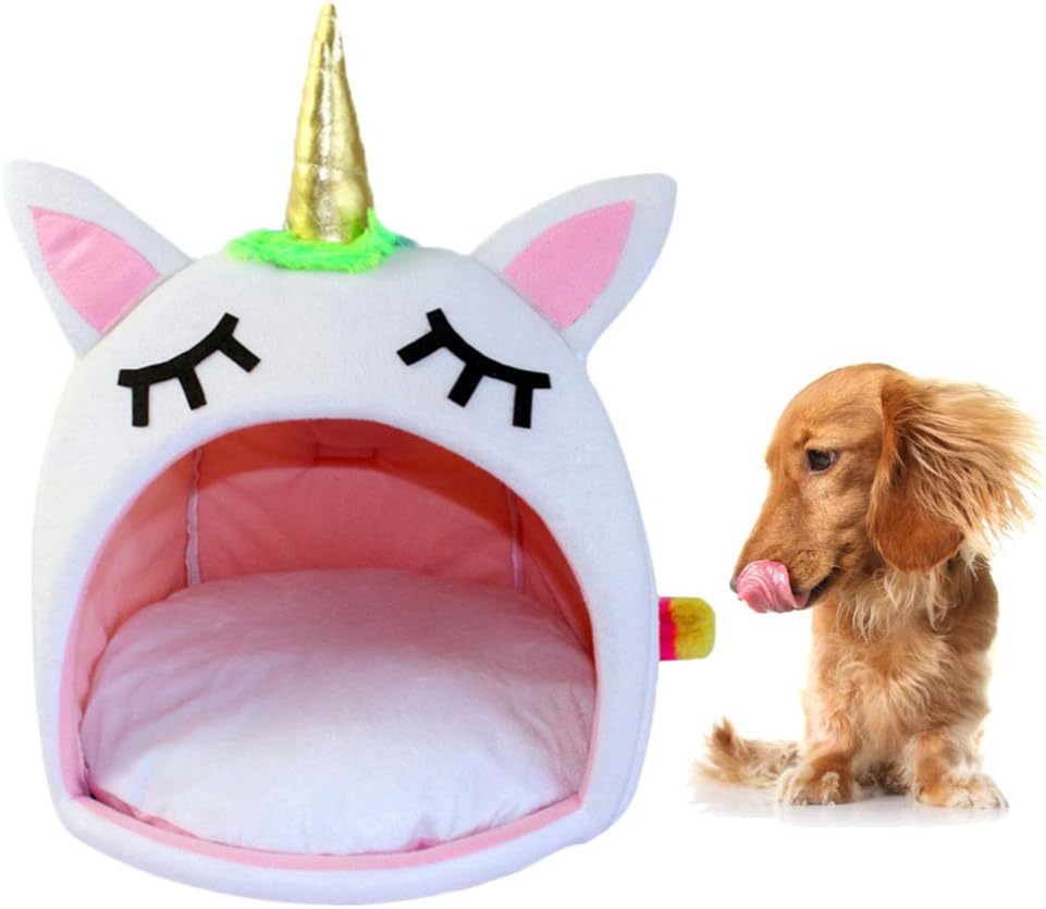 Hemobllo Cama para animales pequeños, cama suave y cálida para mascotas para invierno, linda tienda de campaña de unicornio, perro, gato, cama para