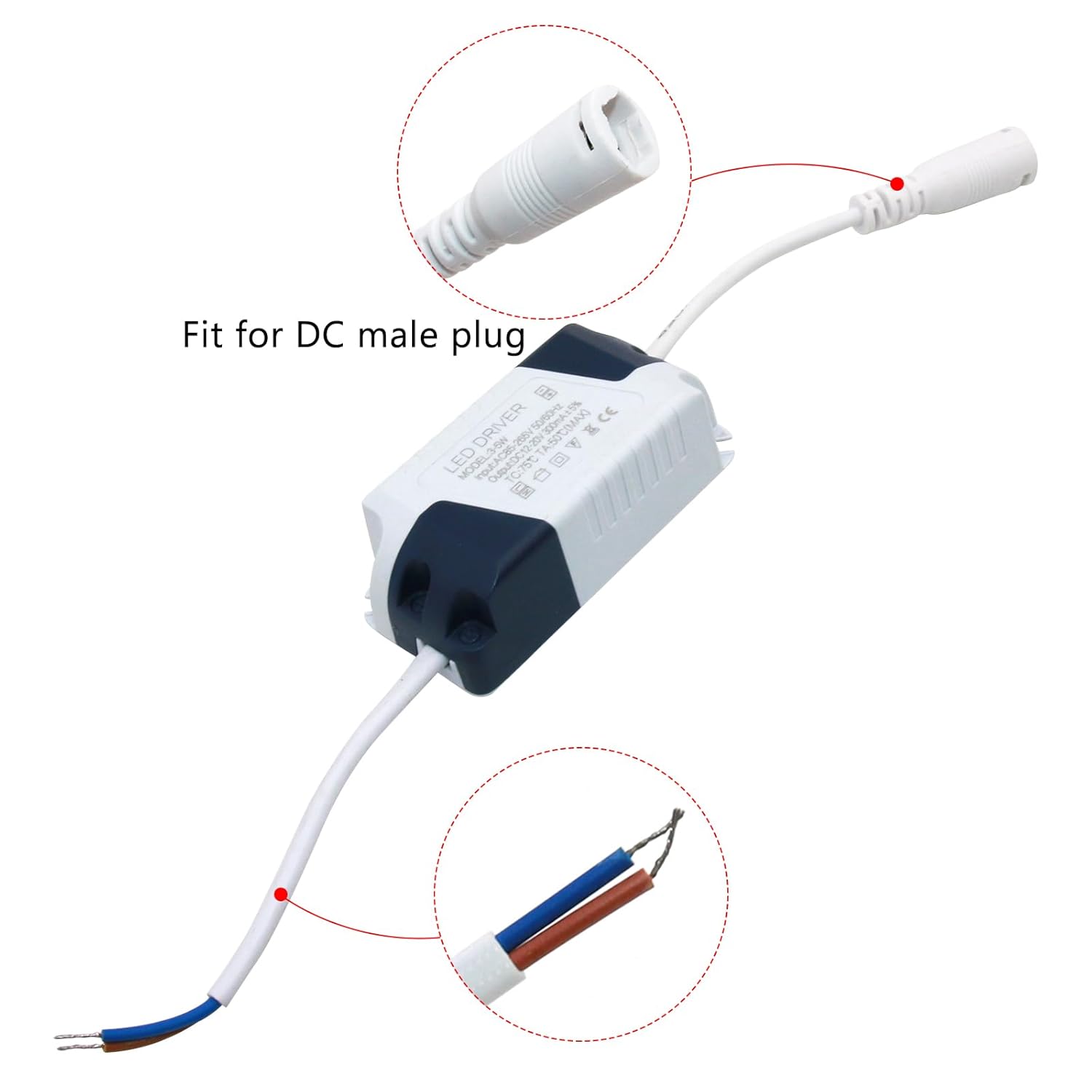 3  5W LED Driver 300mA Corriente constante de alta potencia AC 85-265V Salida 12-18V DC Conector hembra con clip Fuente de alimentación externa