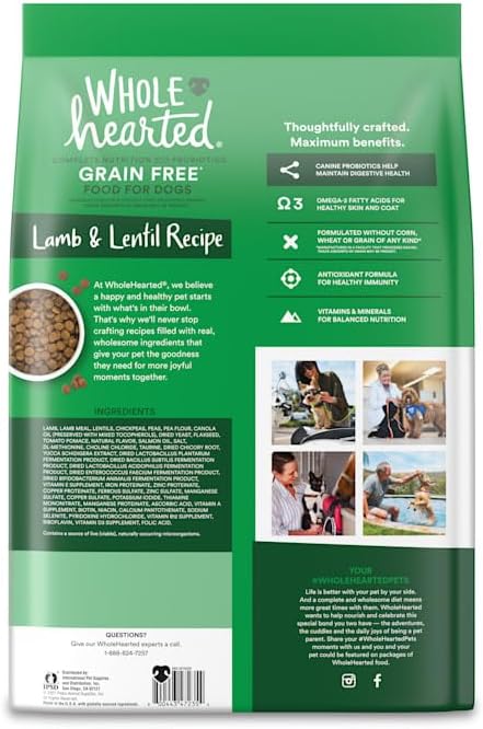 WholeHearted Alimento seco para perros con fórmula de cordero y lentejas para todas las etapas sin granos, 40 libras.