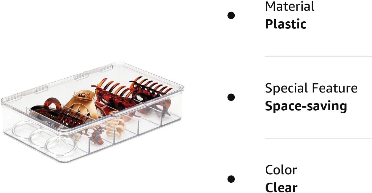 mDesign Caja organizadora apilable de plástico dividida para cabello, maquillaje y joyas con tapa de bisagra para encimera de tocador de baño, 5