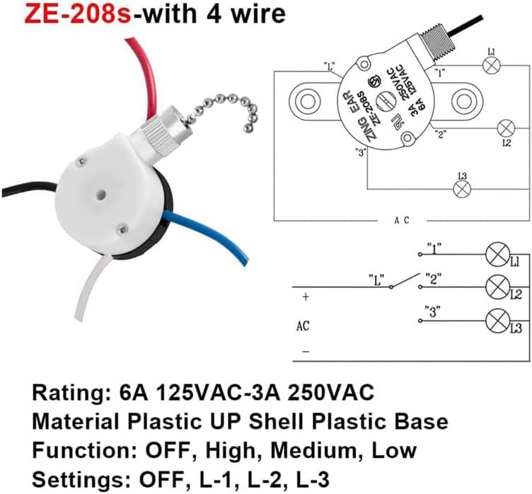 ZE-208s E89885 Interruptor de ventilador de techo 3 velocidades 4 hilos Pull Chain Switch-Sliver
