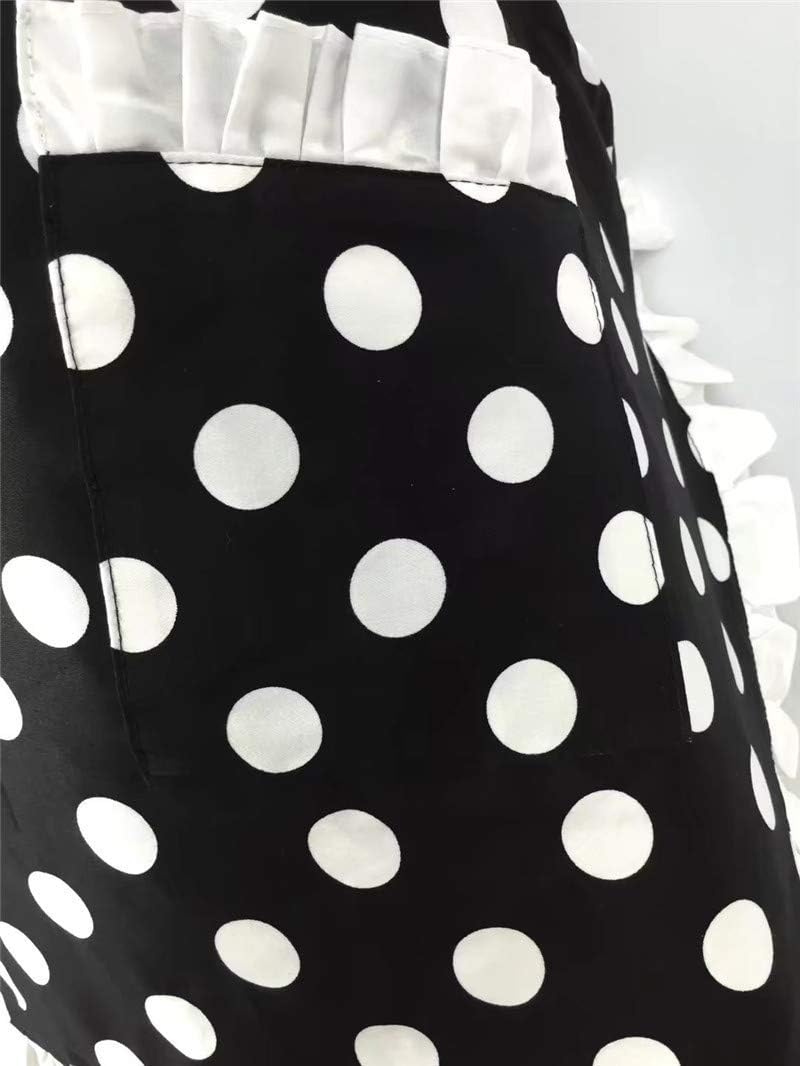 Hyzrz Lindo delantal retro negro con lunares retro con volantes laterales, delantales de cocina vintage con bolsillos para mujeres y niñas (lado