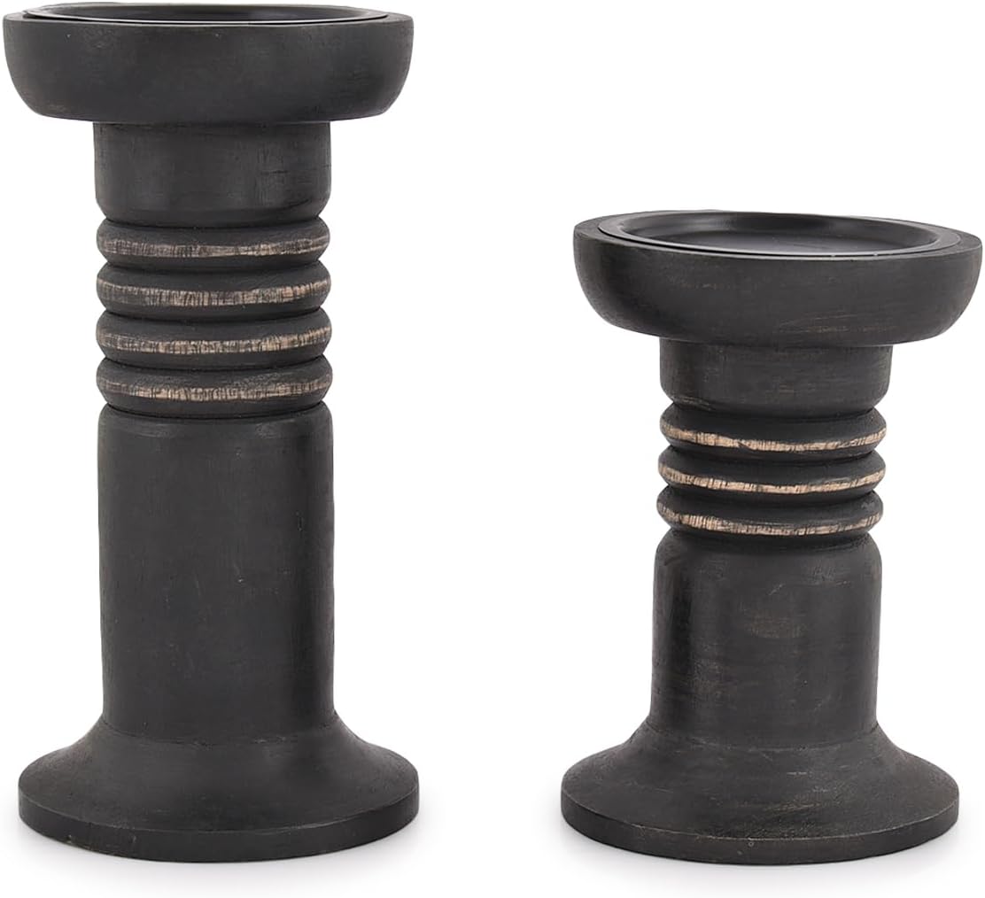 Juego de portavelas negro de madera de mango, centro de mesa decorativo para decoración de chimenea, juego de portavelas negro (negro) (4 x 4 x 6