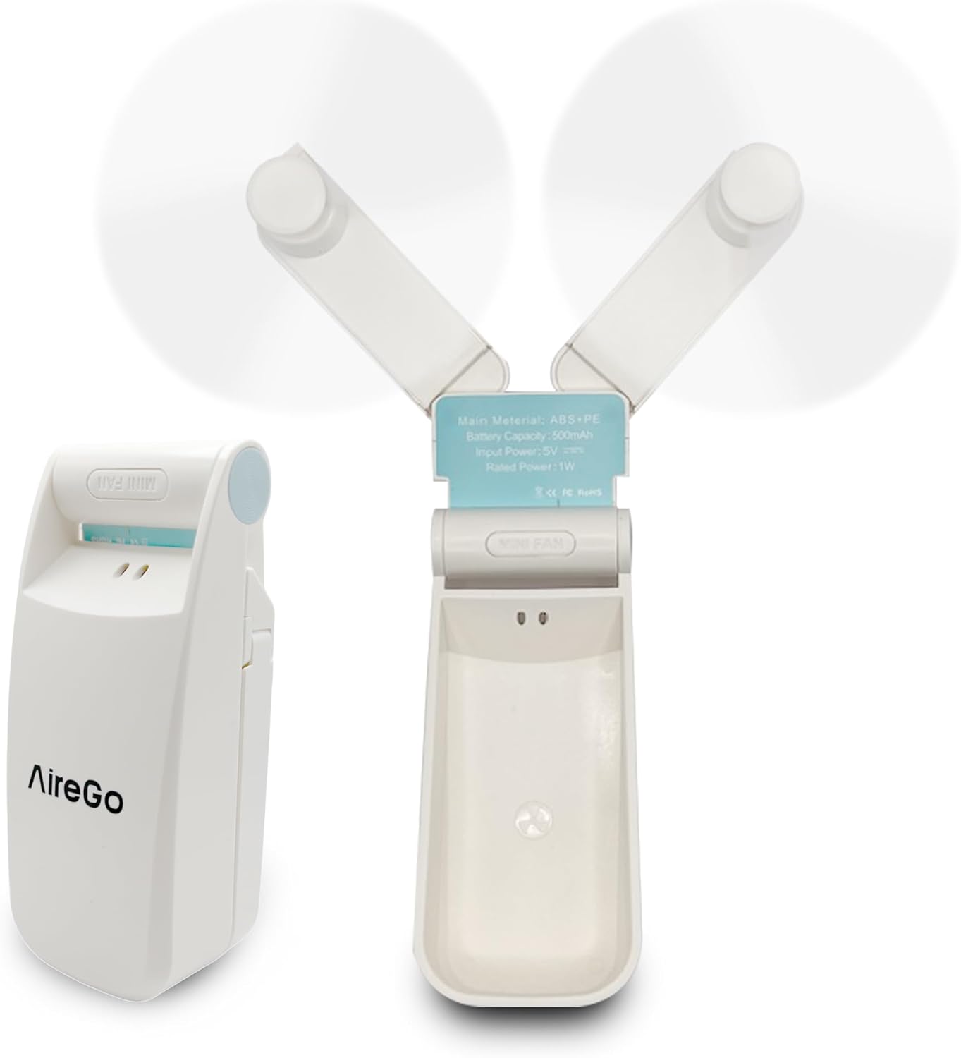 AireGo Mini ventilador de mano portátil, plegable, batería recargable por USB, dos velocidades de viento, viajes, al aire libre, deportes, oficina