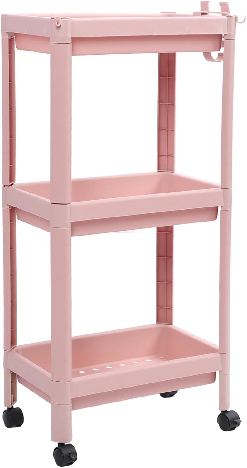 TUWEI Estantería de pie, estante multifuncional de varios niveles para dormitorio, color rosa resistente (3 capas (con ruedas))