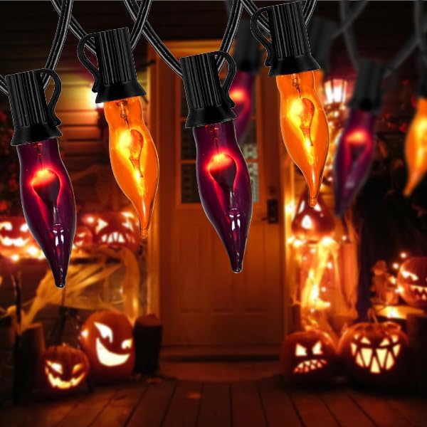 PASUTO Luces de Halloween naranjas y moradas, tira de luces de llama parpadeante, 12.8 pies, para interiores y exteriores, luces de Halloween C7,