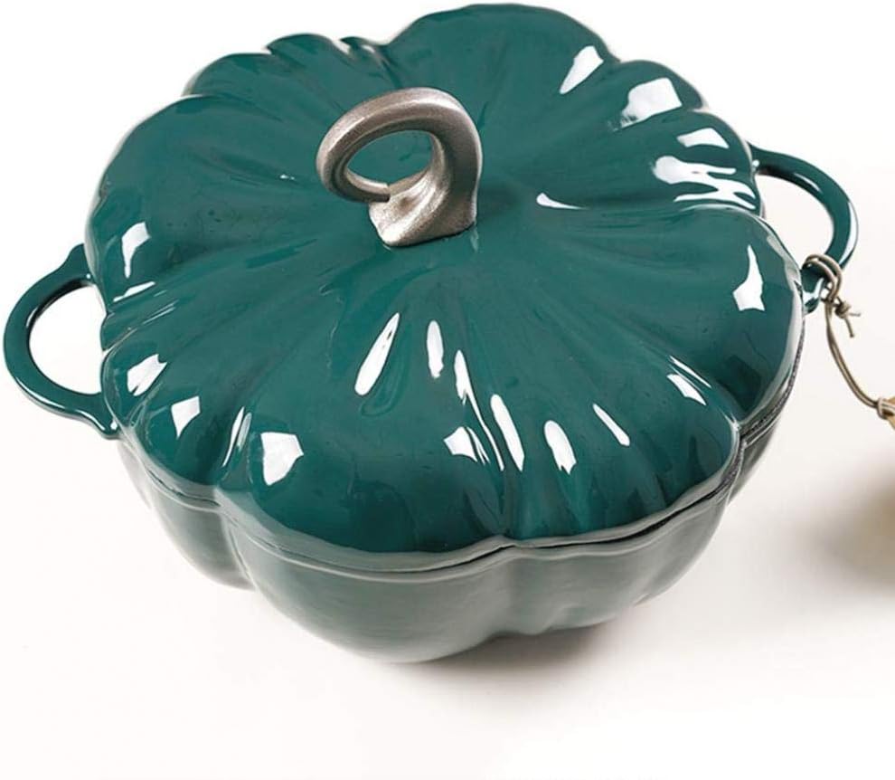 Olla de hierro fundido con forma de calabaza azul con revestimiento esmaltado antiadherente, cacerola versátil con tapa, olla de 9.4 in