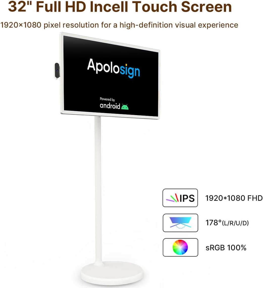 Pantalla inteligente portátil de 32 pulgadas, monitor giratorio de 1080p con pantalla táctil Incell, sistema operativo Android (compatible con
