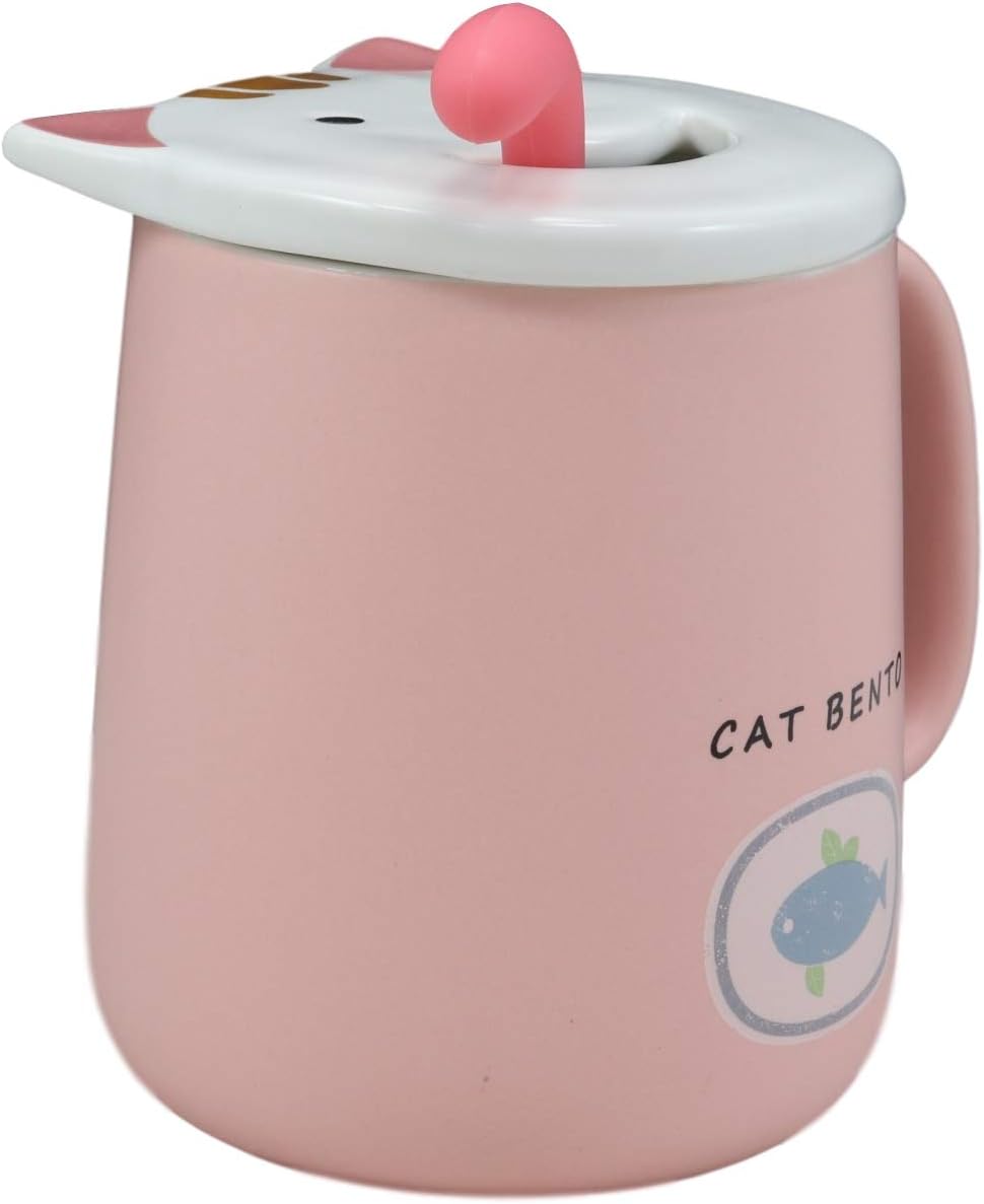 Ebros – Taza de café de porcelana con mango en forma de lengua, cuchara y tapa de cara sonriente, taza de café o té de porcelana, 14 onzas, para