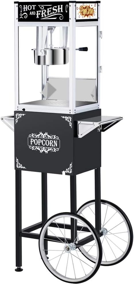ROVSUN Popcorn Machine with Cart, Wheels & 8 Oz Kettle Makes Up to 32 Cups, Popcorn Maker with Stainless Steel Scoop, Oil Spoon & 3 Popcorn Cups for