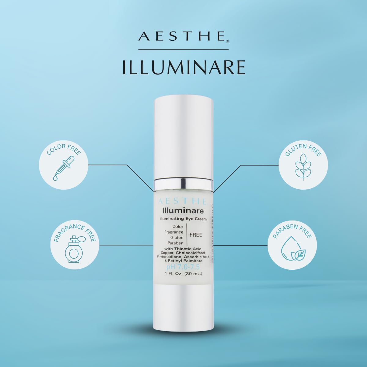 Illuminare – Crema iluminadora para ojos, sin color, sin fragancia, sin gluten, para el cuidado de la piel con ácido tióctico, cobre y más, para