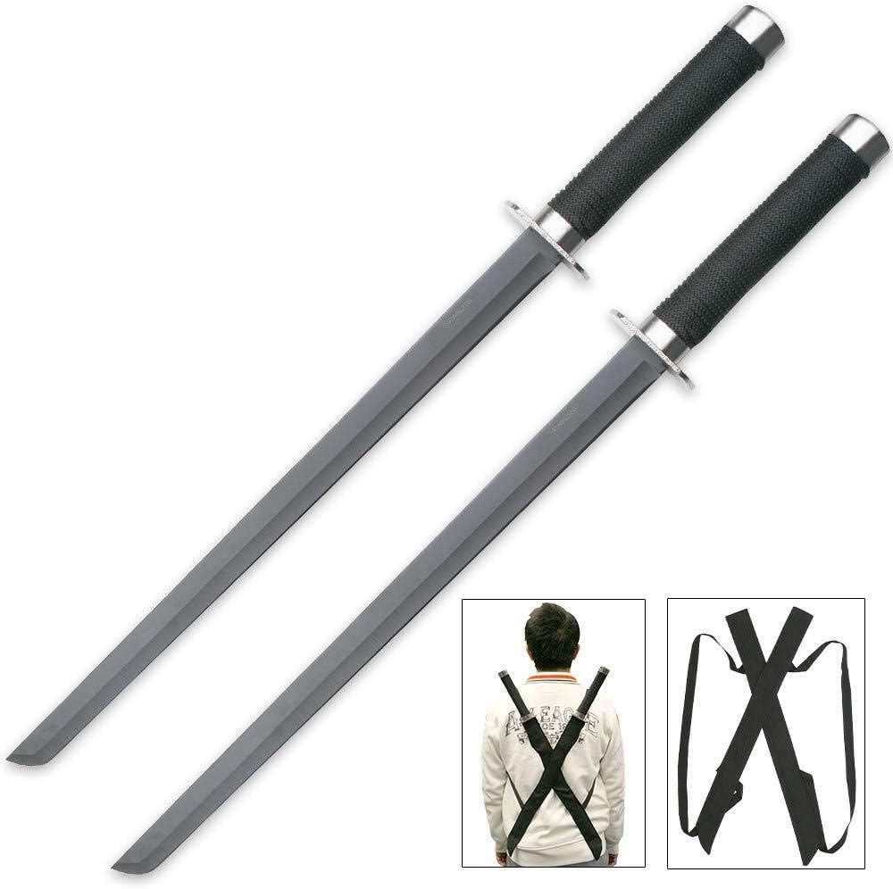 UNITED CUTLERY Double Strike – Juego de espada ninja doble con funda de arnés para el hombro, cuchillas de acero inoxidable, puntos Tanto puntos,