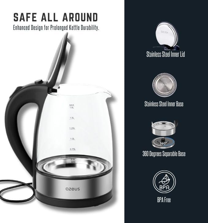AZEUS Hervidor eléctrico de 1500 W Cool Touch – Tetera con diseño antiquemaduras, 1,8 L, gran capacidad, sin BPA, color blanco